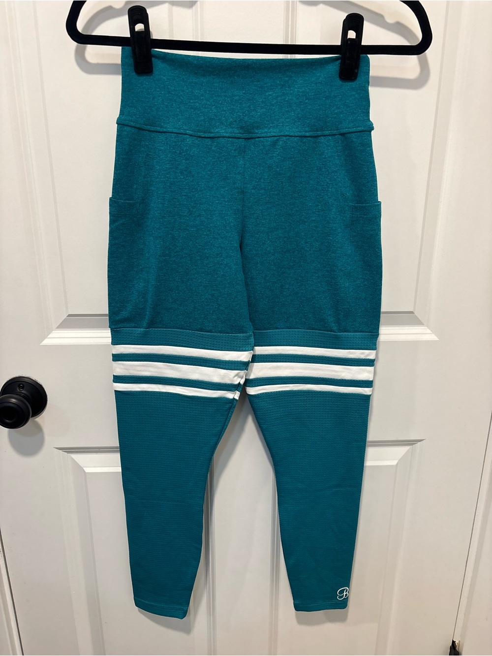 Bombshell Sportswear Thigh High Leggings Teal High Waist Pocket Striped